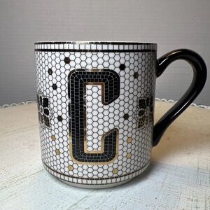 Anthropologie Bistro Tile Monogram C Mug Gold Black Honeycomb Ceramic Mug 15oz